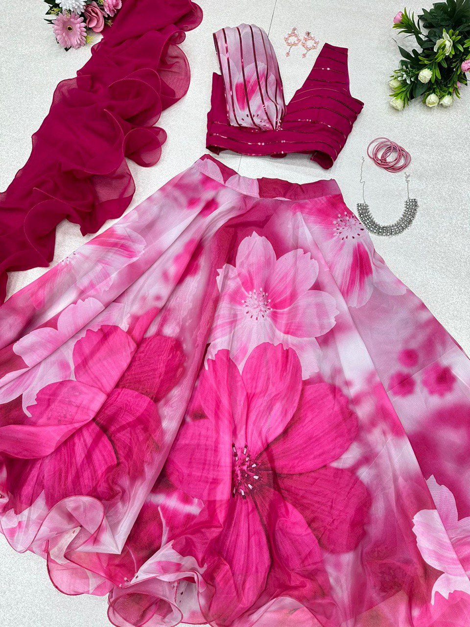 Fabulous Beautiful Flower Printed Organza Silk Lehenga Choli