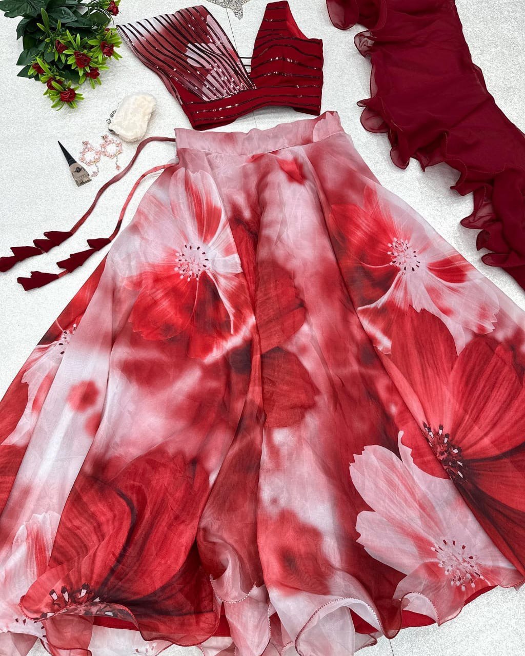 Fabulous Beautiful Flower Printed Organza Silk Lehenga Choli