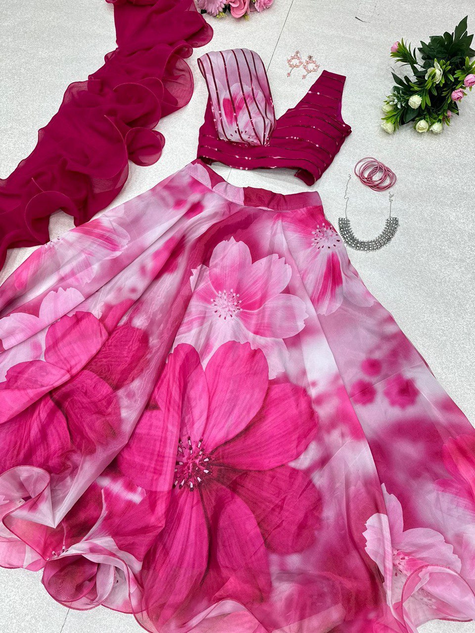 Fabulous Beautiful Flower Printed Organza Silk Lehenga Choli
