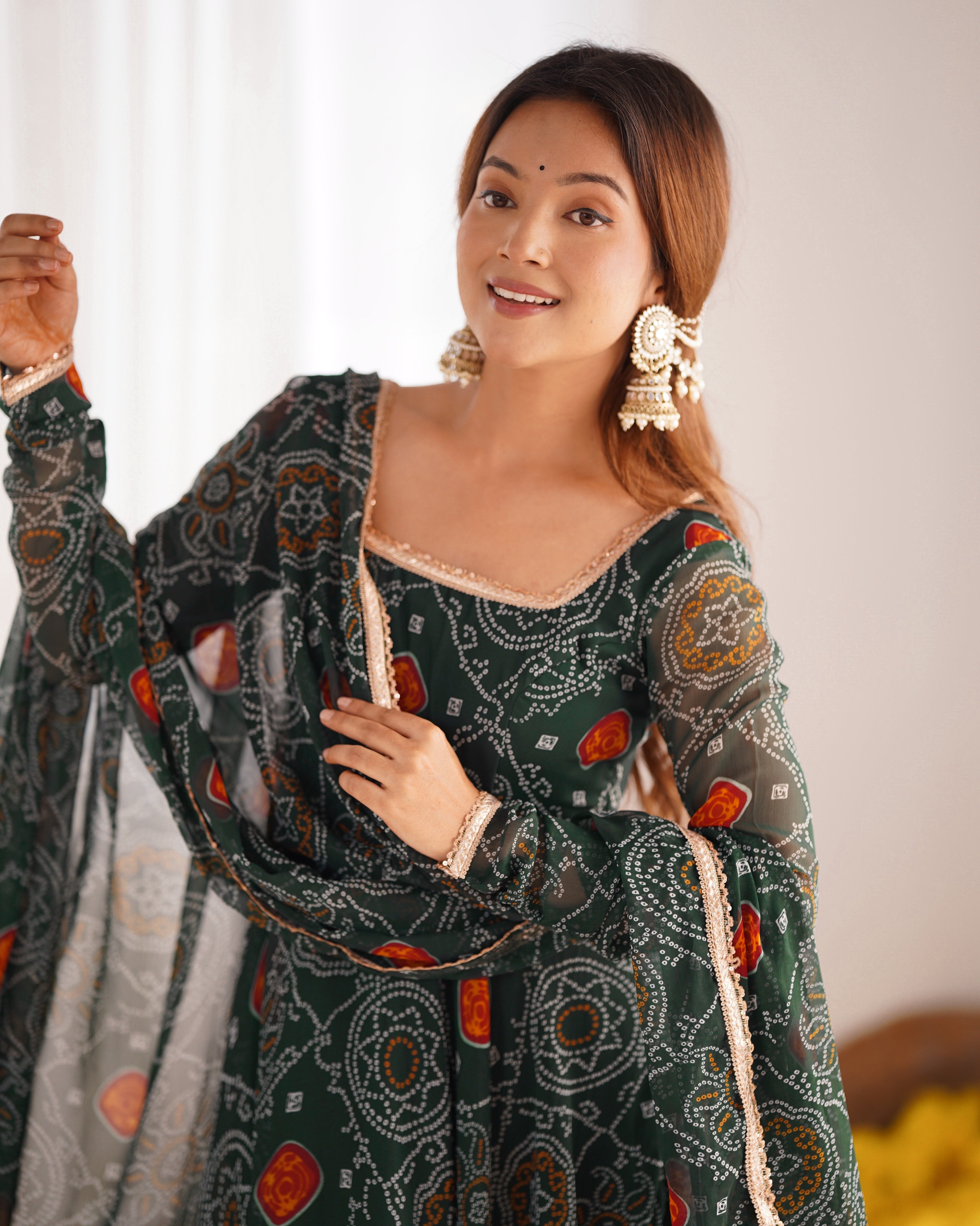 GREEN COLOR BANDHEJ PRINT SOFT CHIFFON ANARKALI SUIT SET OF 3