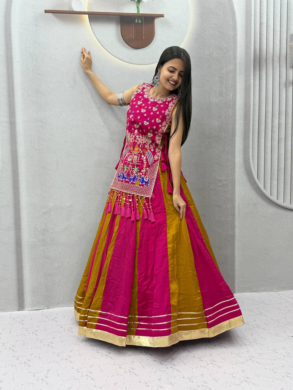 ROYAL PURPLE DUAL-TONE SILK LEHENGA CHOLI WITH EMBROIDERED TASSEL KOTI