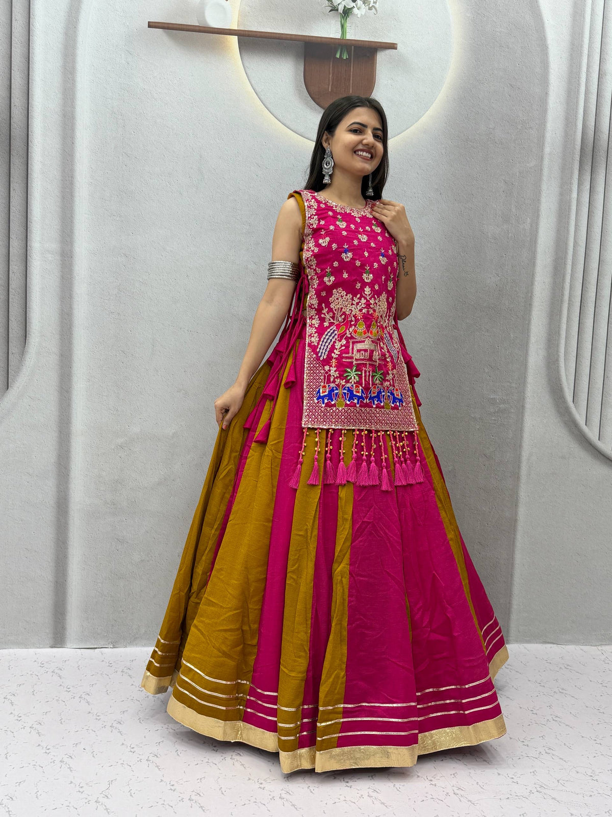 ROYAL PURPLE DUAL-TONE SILK LEHENGA CHOLI WITH EMBROIDERED TASSEL KOTI