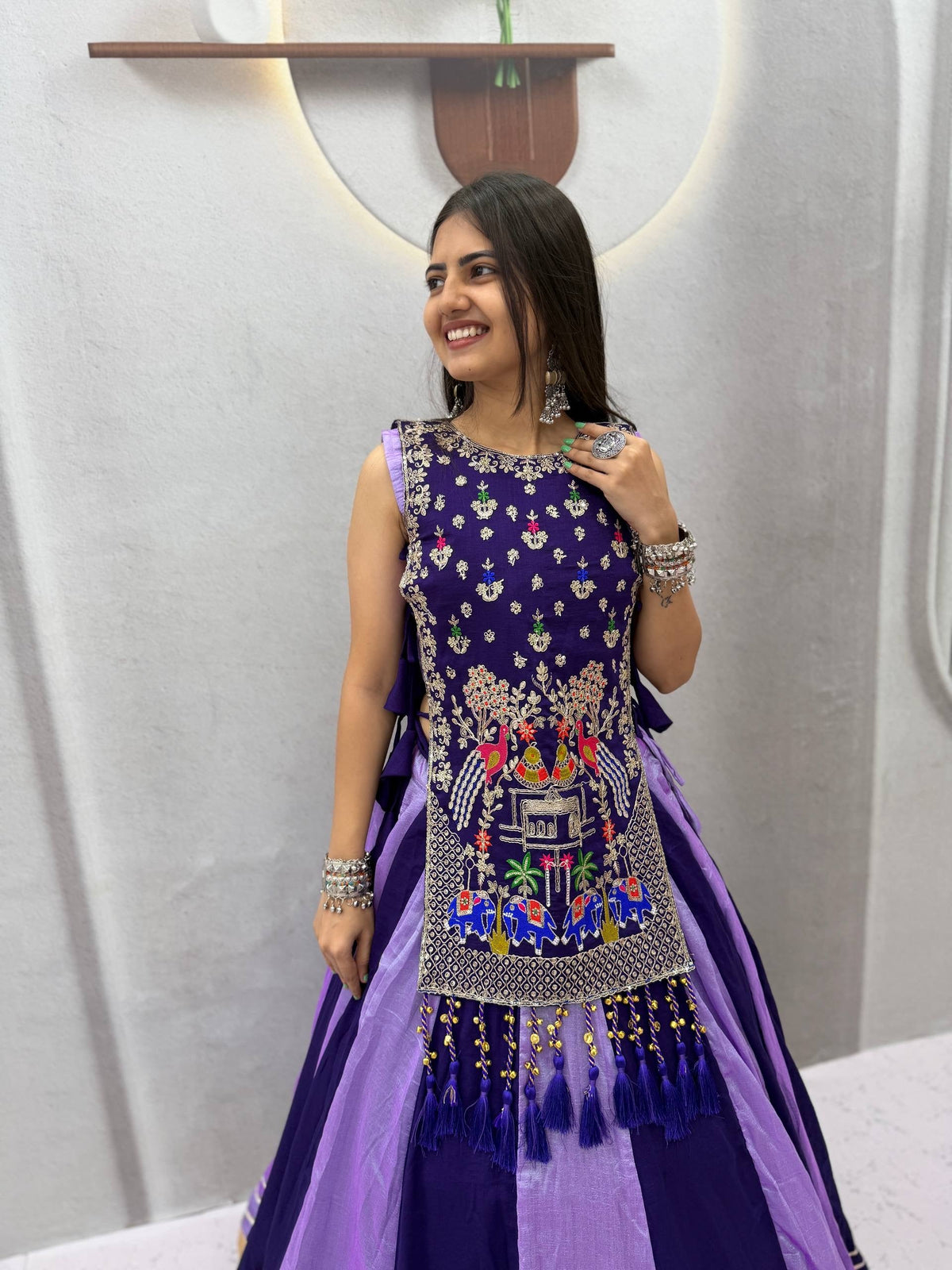 ROYAL PURPLE DUAL-TONE SILK LEHENGA CHOLI WITH EMBROIDERED TASSEL KOTI