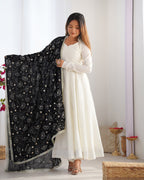 WHITE COLOR SOFT VICHITRA SILK ANARKALI WITH BLACK DUPATTA