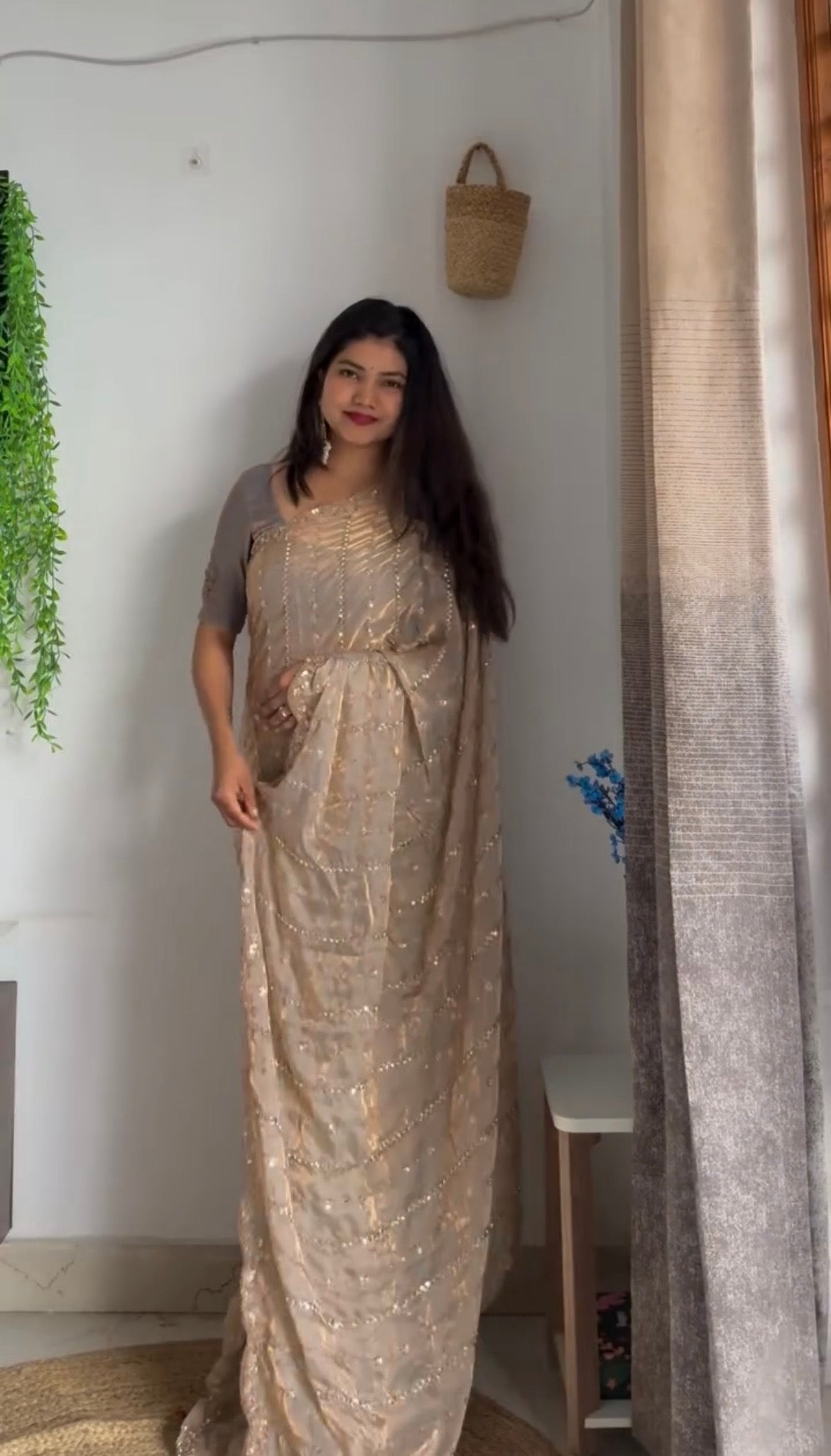 BEIGE COLOR WEDDING WEAR SPACE SILK FABRIC HANDWORK SAREE