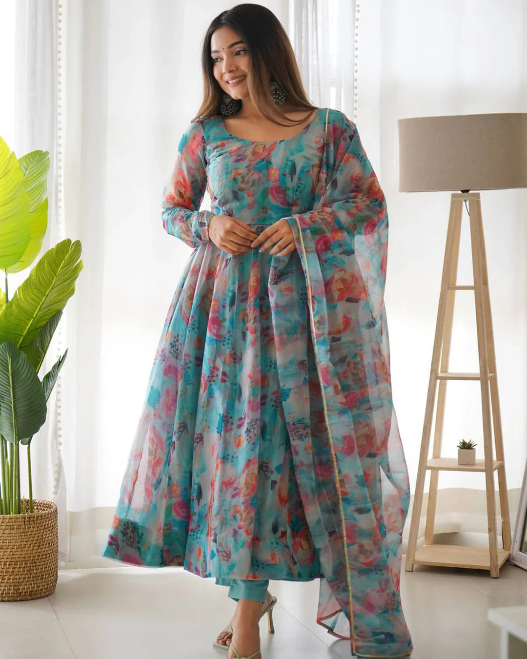 SKY BLUE MULTI COLOR PRINT ORGANZA THREE PIECE ANARKALI SUIT