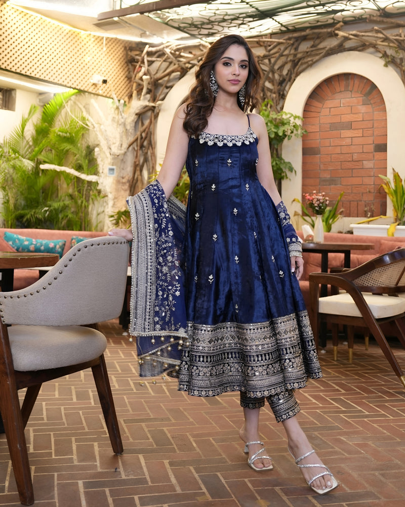ELEGANT BLUE ANARKALI SUIT IN PURE VICHITRA SILK FABRIC