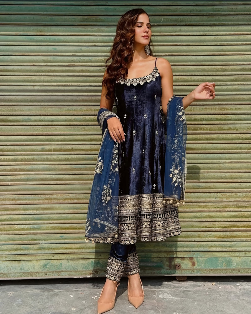 ELEGANT BLUE ANARKALI SUIT IN PURE VICHITRA SILK FABRIC