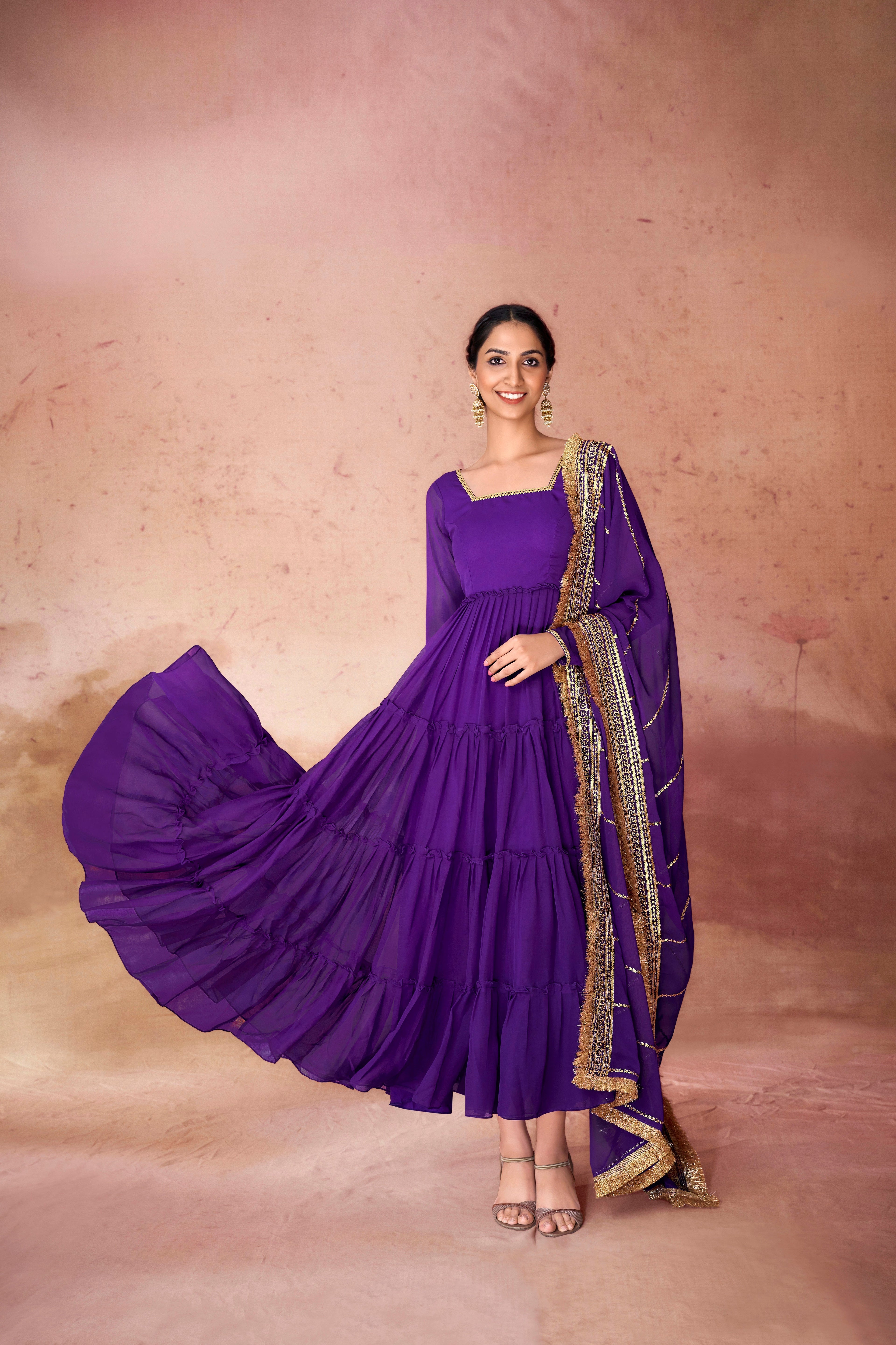 CHOLICART ROYAL PURPLE TIERED ANARKALI ENSEMBLE
