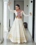 ELEGANT OFF WHITE KORA COTTON MIRROR WORK NAVRATRI LEHENGA CHOLI