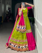 PINK AND PARROT COMBINATION COLOR COTTON NAVRATRI LEHENGA CHOLI