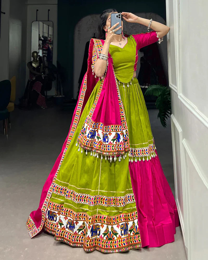 PINK AND PARROT COMBINATION COLOR COTTON NAVRATRI LEHENGA CHOLI