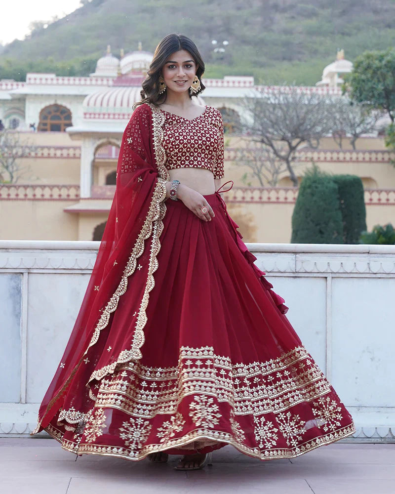 DESIGNER SEQUENCE EMBROIDERY WORK GEORGETTE LEHENGA CHOLI IN MAROON COLOR