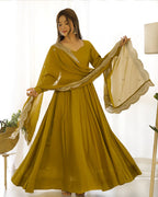 BEAUTIFUL MUSTARD COLOR PURE CHANDERI SILK THREE PIECE ANARKALI SUIT