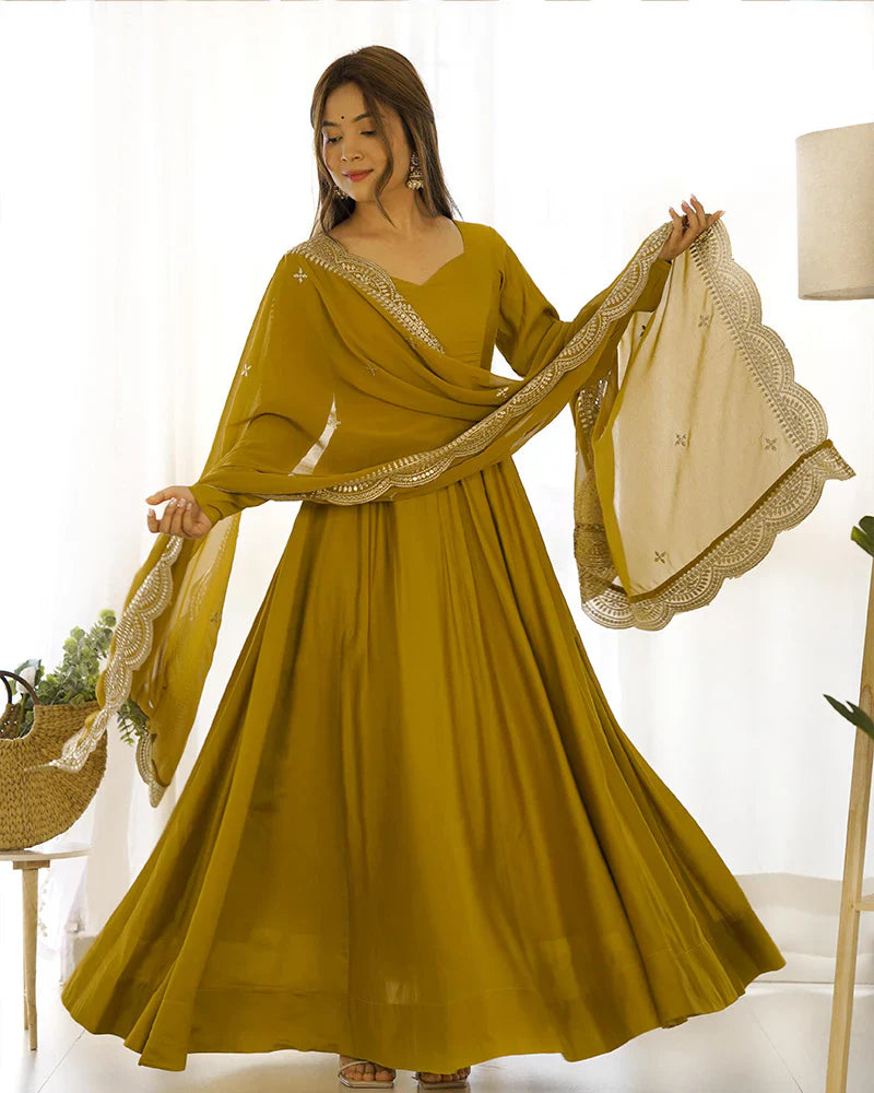 BEAUTIFUL MUSTARD COLOR PURE CHANDERI SILK THREE PIECE ANARKALI SUIT