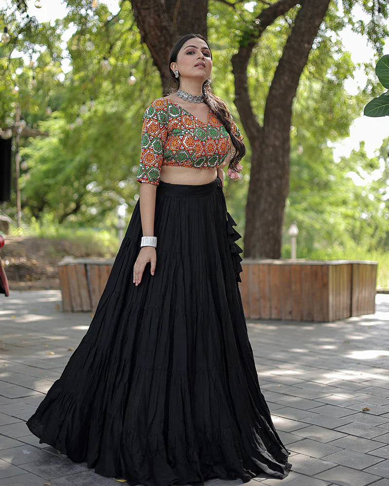 BLACK COLOR RAYON FULL FLAIR NAVRATRI LEHENGA CHOLI