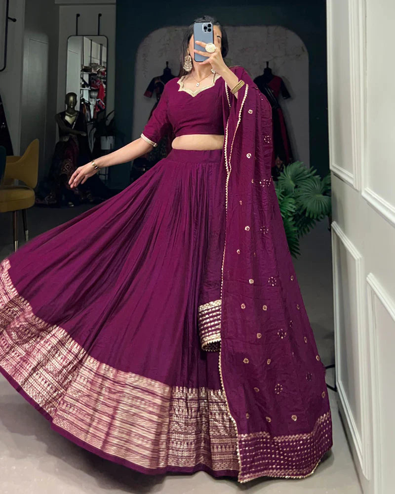 WINE COLOR PURE CHANDERI PLAIN NAVRATRI LEHENGA CHOLI