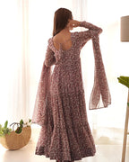 BROWN COLOR SOFT GEORGETTE RUFFLE STYLE ANARKALI SUIT