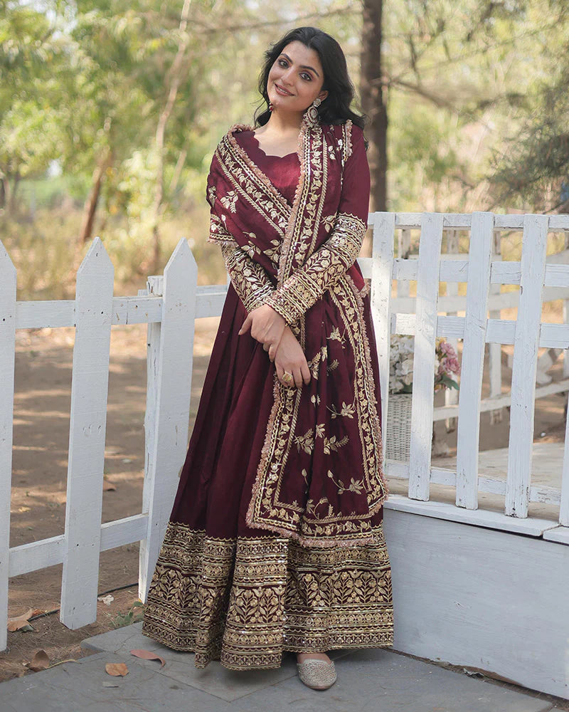 DARK MAROON COLOR VICHITRA SHIMMER SEQUENCE EMBROIDERED BRIDAL GOWNWITH DUPATTA
