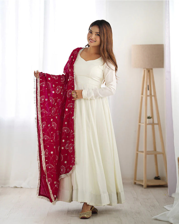 WHITE COLOR SOFT VICHITRA SILK ANARKALI WITH RANI PINK DUPATTA