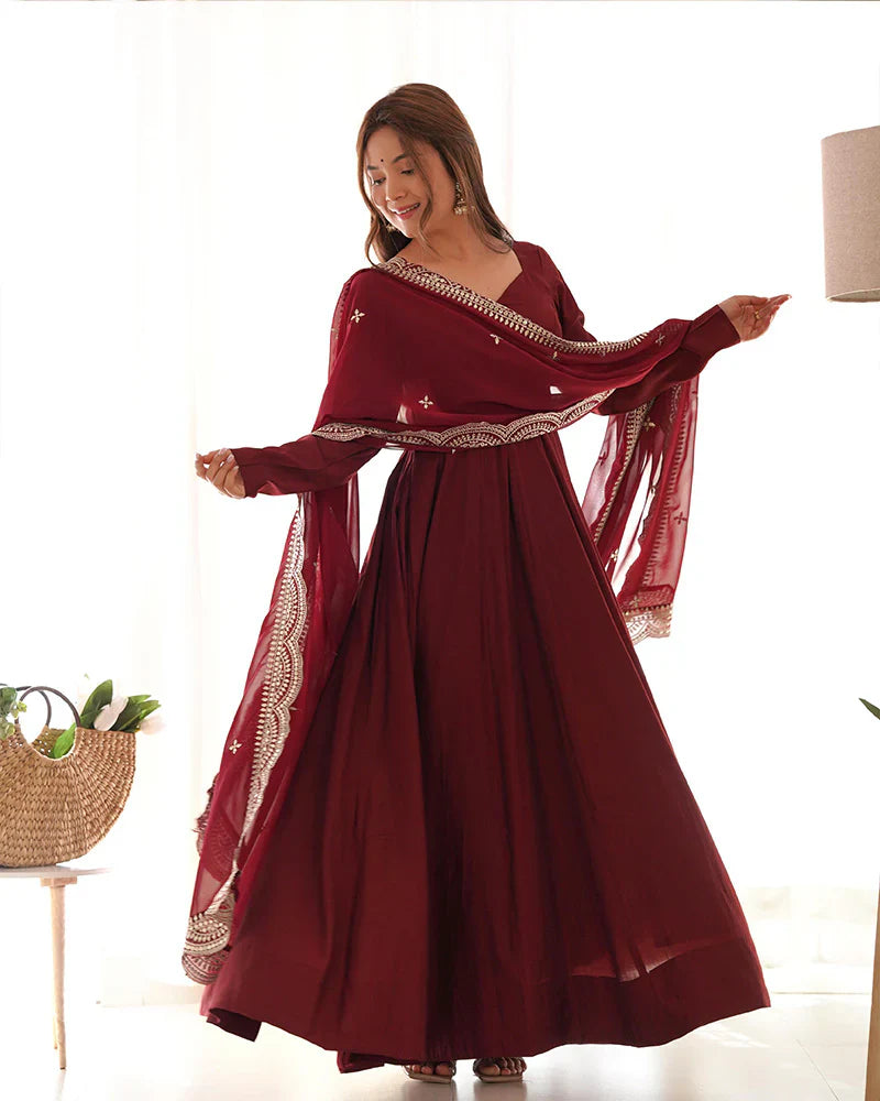 BEAUTIFUL MAROON COLOR PURE CHANDERI SILK THREE PIECE ANARKALI SUIT