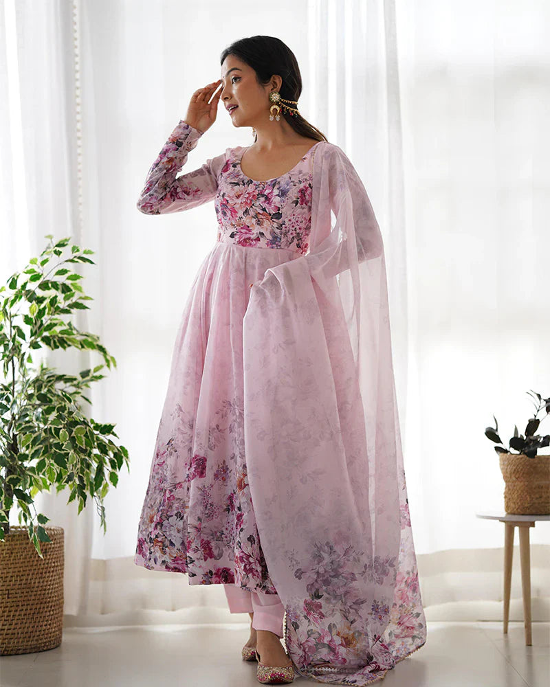 BABY PINK COLOR FLORAL PRINT ORGANZA THREE PIECE ANARKALI SUIT