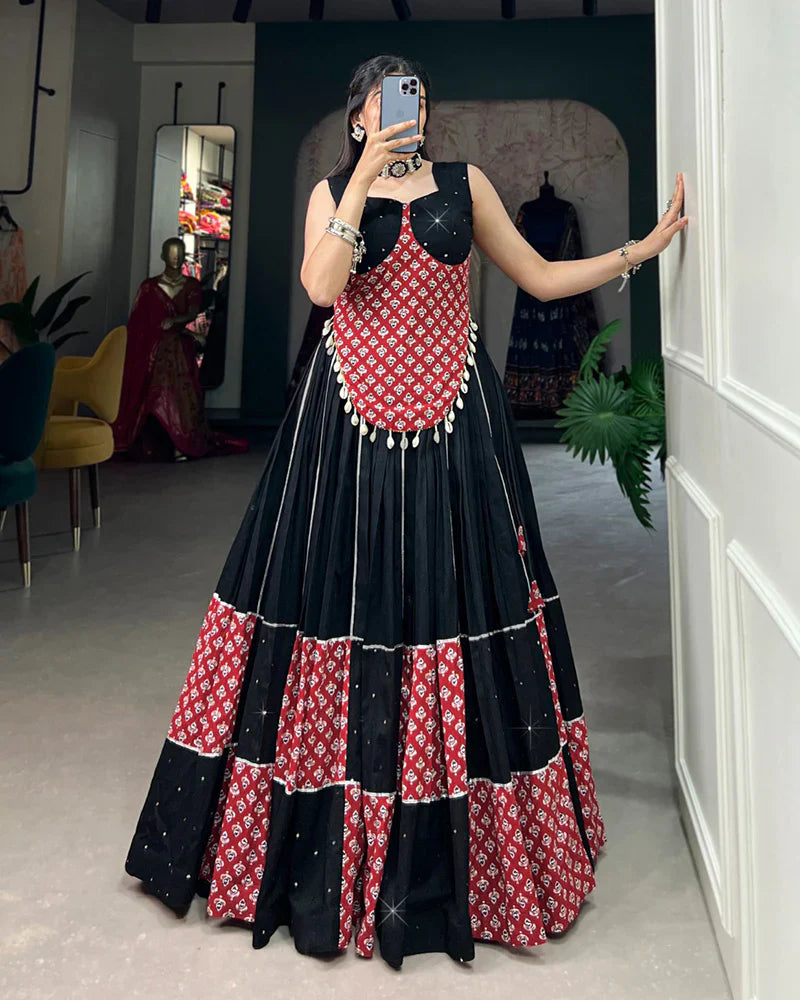 DESIGNER MAROON AND BLACK COLOR COTTON PRINTED LEHENGA CHOLI