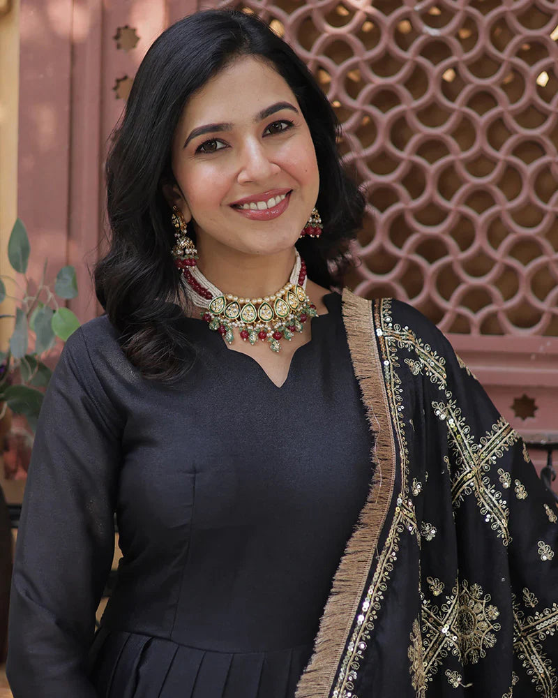 BLACK COLOR STAR GEORGETTE FABRIC BASE EMBROIDERED SEQUENCE WORK GOWN WITH DUPATTA