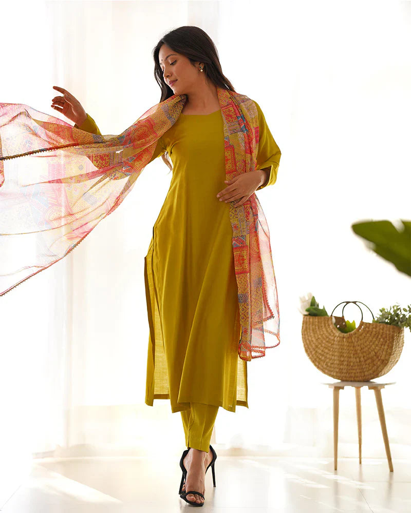 YELLOW COLOR VISCOSE READY TO WEAR THREE PIECE KURTI SUIT