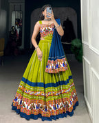 PARROT GREEN AND BLUE COLOR PURE COTTON NAVRATRI LEHENGA CHOLI