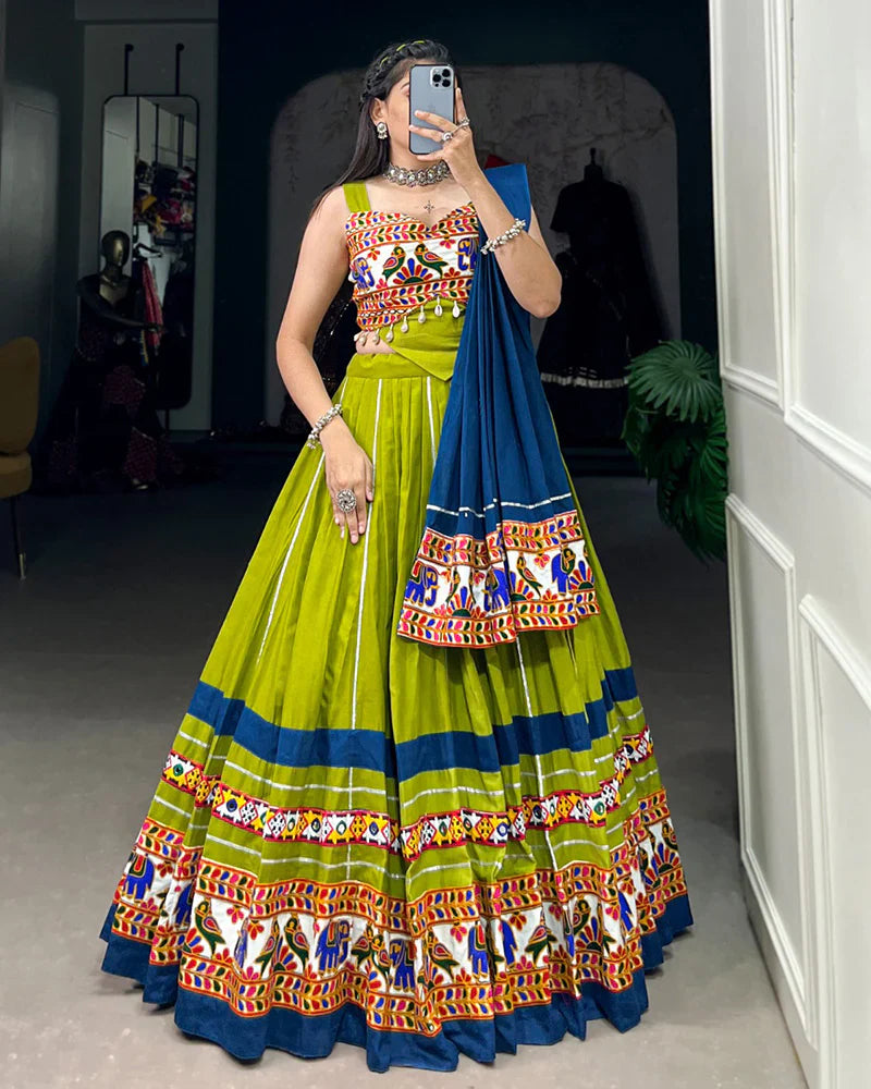 PARROT GREEN AND BLUE COLOR PURE COTTON NAVRATRI LEHENGA CHOLI