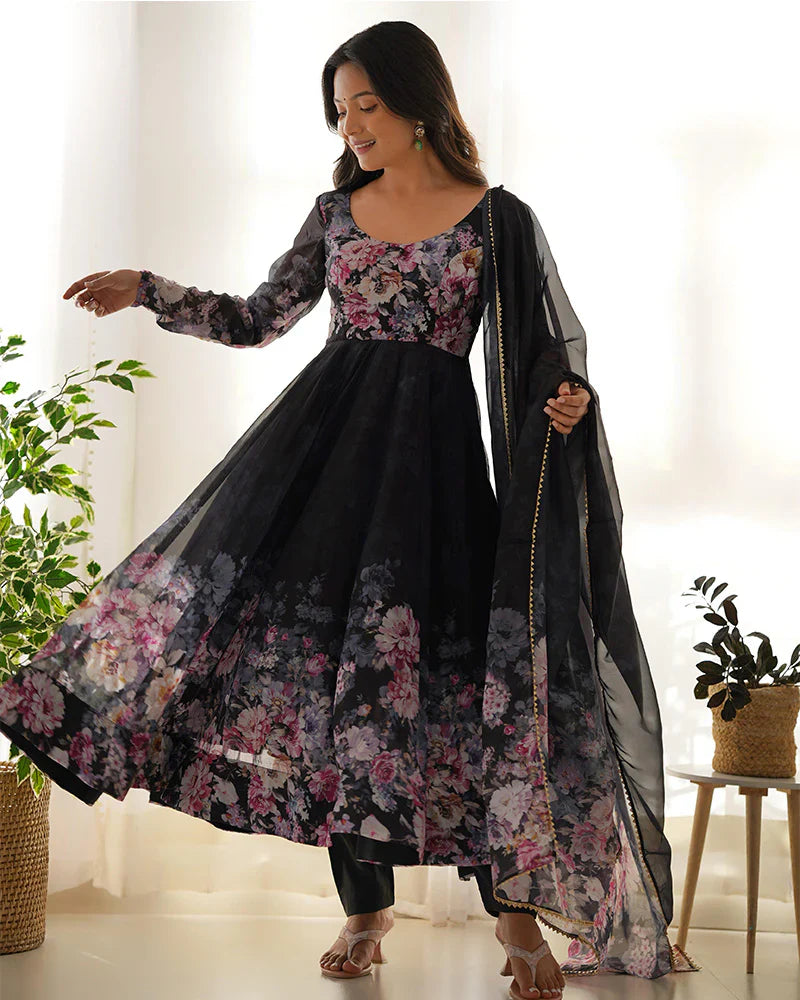 BLACK COLOR FLORAL PRINT ORGANZA THREE PIECE ANARKALI SUIT
