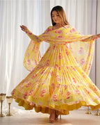 YELLOW COLOR GEORGETTE THREE LAYER RUFFLE STYLE ANARKALI SUIT