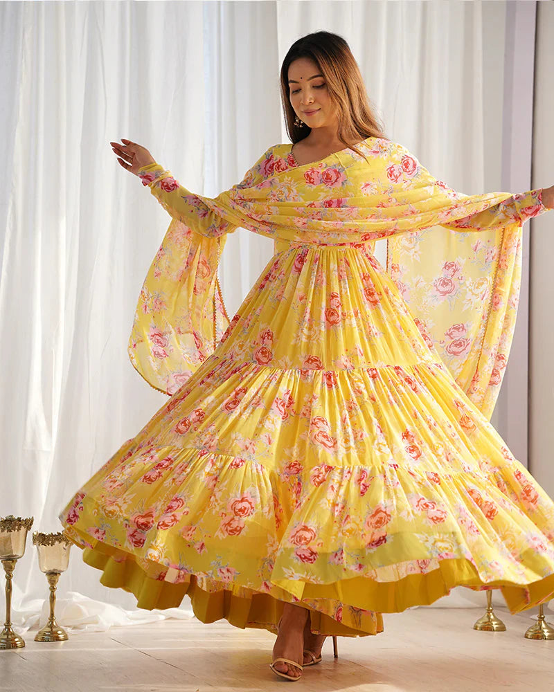 YELLOW COLOR GEORGETTE THREE LAYER RUFFLE STYLE ANARKALI SUIT