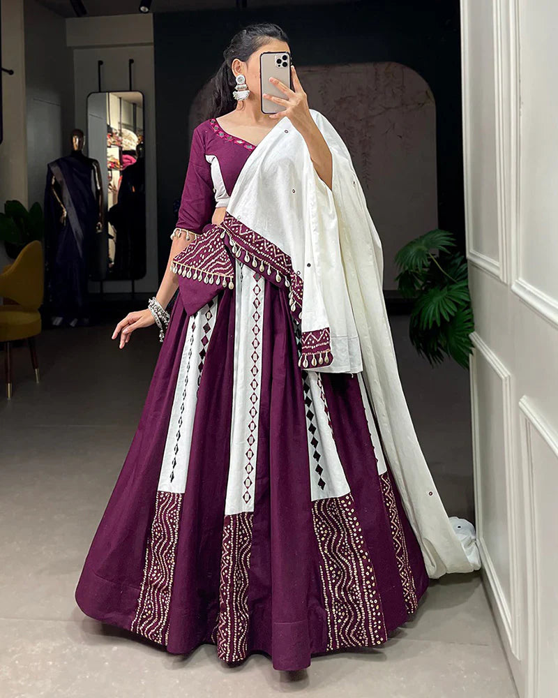 WHITE AND WINE COLOR COTTON NAVRATRI LEHENGA CHOLI