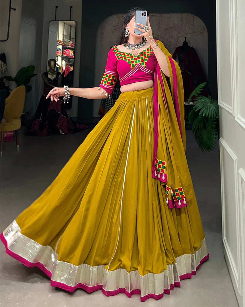 MUSTARD COLOR PURE RAYON NAVRATRI LEHENGA CHOLI