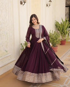 WINE COLOR FAUX BLOOMING RICH SEQUENCE EMBROIDERED GOWN