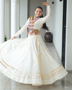 ELEGANT OFF WHITE KORA COTTON MIRROR WORK NAVRATRI LEHENGA CHOLI
