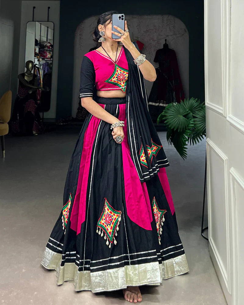 PINK AND BLACK COLOR COTTON NAVRATRI LEHENGA CHOLI