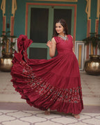 MAROON COLOR REYON PRINTED NAVRATRI GOWN