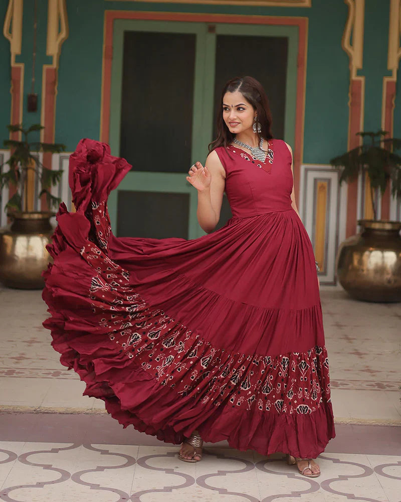 MAROON COLOR REYON PRINTED NAVRATRI GOWN