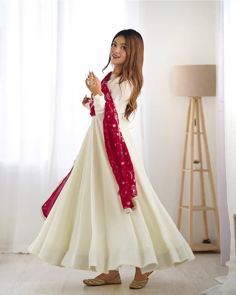 WHITE COLOR SOFT VICHITRA SILK ANARKALI WITH RANI PINK DUPATTA