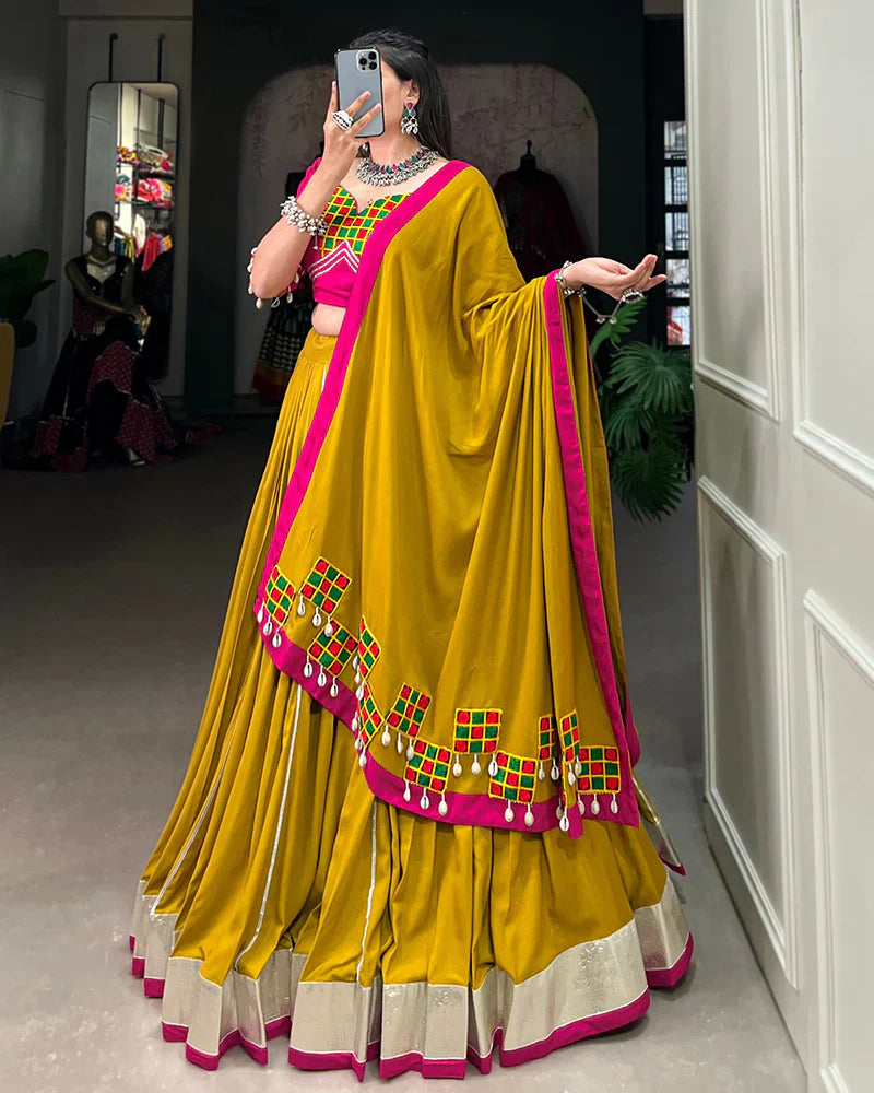 MUSTARD COLOR PURE RAYON NAVRATRI LEHENGA CHOLI