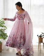 BABY PINK COLOR FLORAL PRINT ORGANZA THREE PIECE ANARKALI SUIT