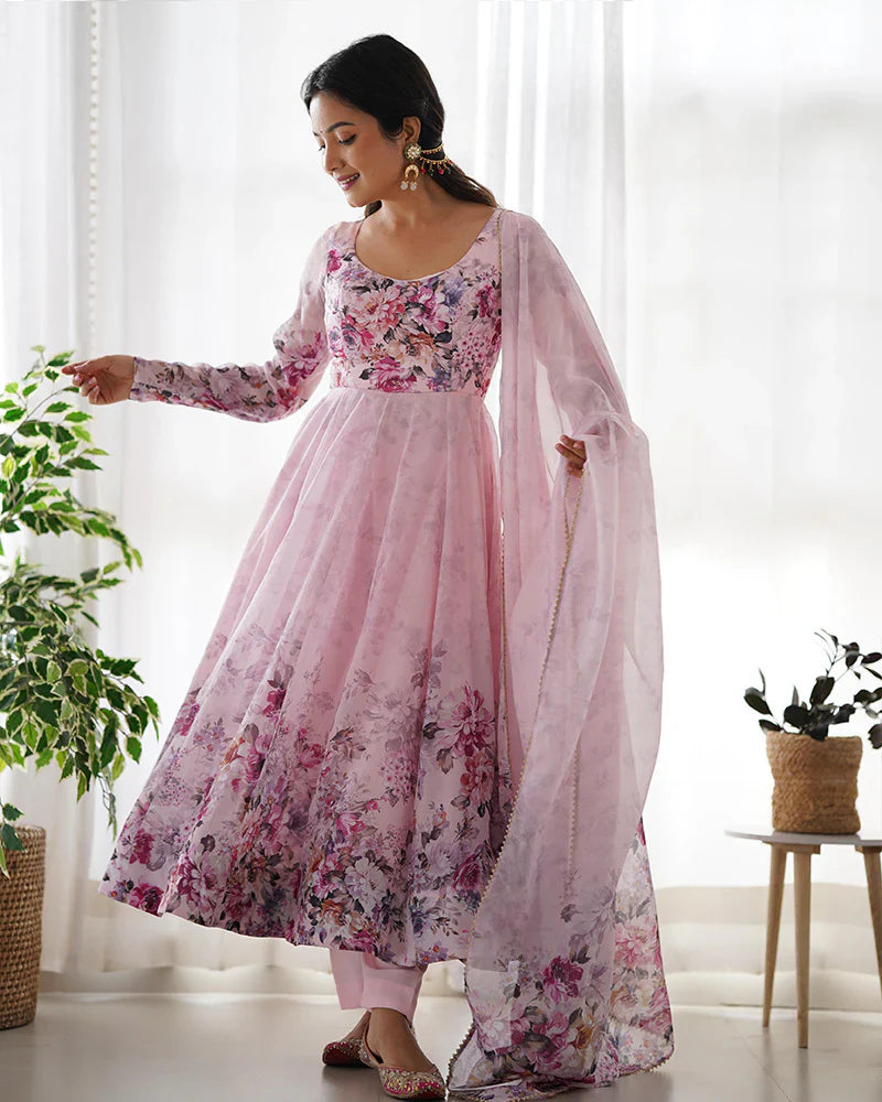 BABY PINK COLOR FLORAL PRINT ORGANZA THREE PIECE ANARKALI SUIT