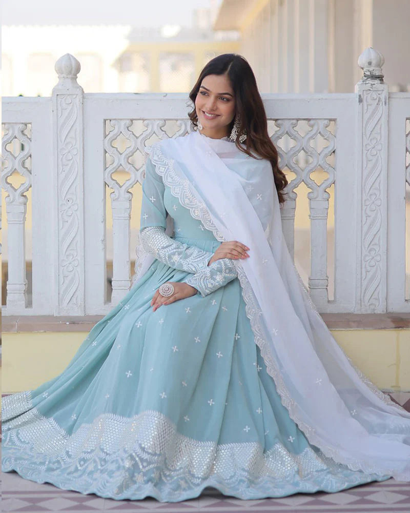 EXCLUSIVE PISTA COLOR GEORGETTE GOWN WITH DUPATTA