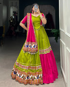 PINK AND PARROT COMBINATION COLOR COTTON NAVRATRI LEHENGA CHOLI