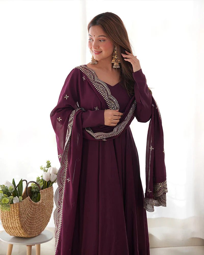 BEAUTIFUL WINE COLOR PURE CHANDERI SILK THREE PIECE ANARKALI SUIT