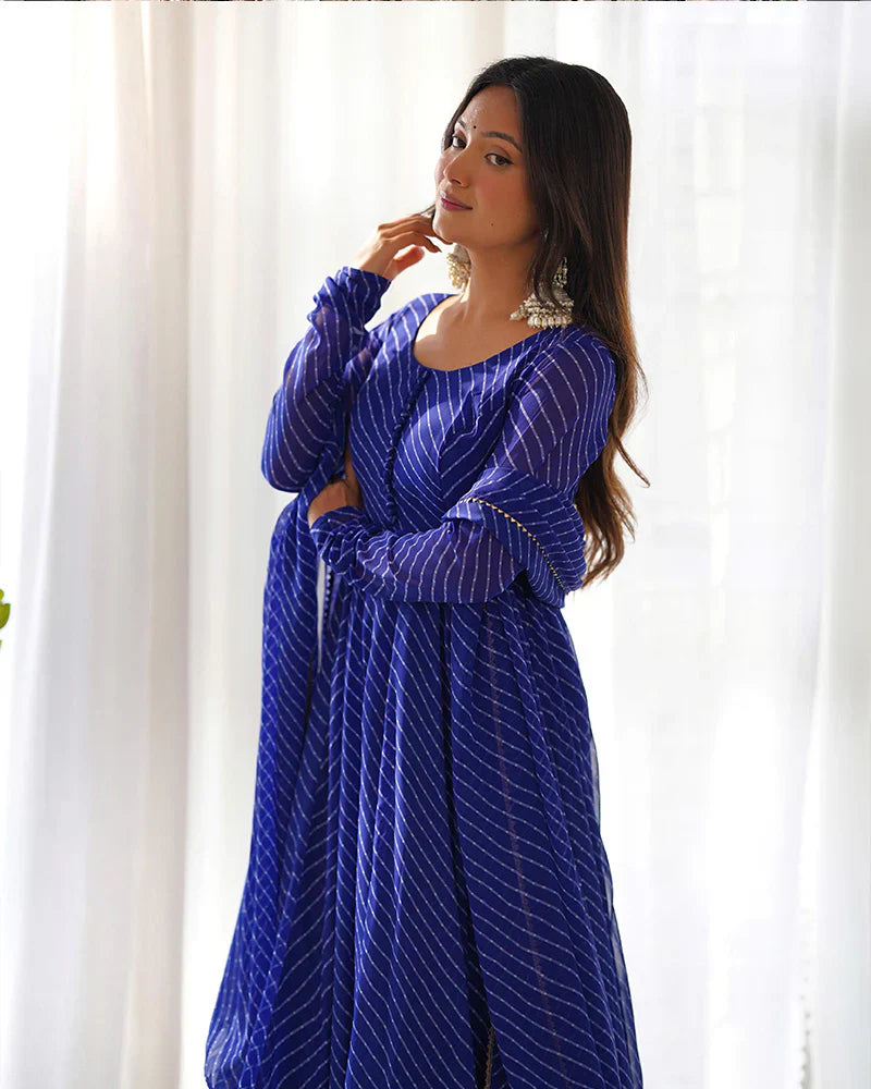 ROYAL BLUE COLOR LAHERIYA PRINT GEORGETTE THREE PIECE ANARKALI SUIT