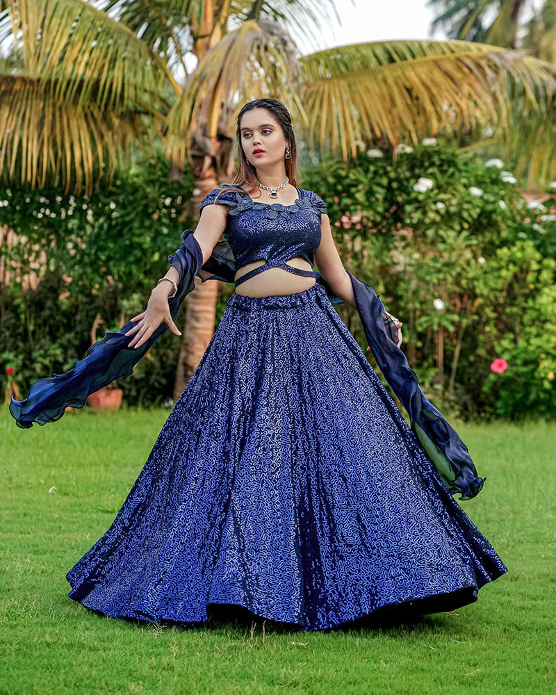 ROYAL BLUE COLOR SEQUENCE EMBROIDERED GEORGETTE LEHENGA CHOLI